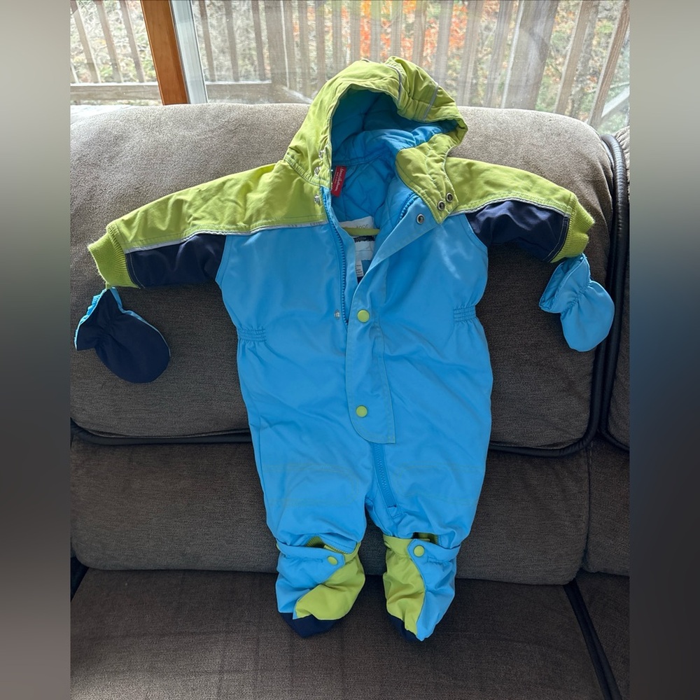 HANNA ANDERSSON SNOWSUIT, INFANT 60, 2-6 MONTH, HOODED, BLUE/GREEN